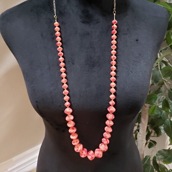 Women's Fashion Natural Ruby Pink Round Beaded Long Necklace with Round Clasp - Picture 1 of 7